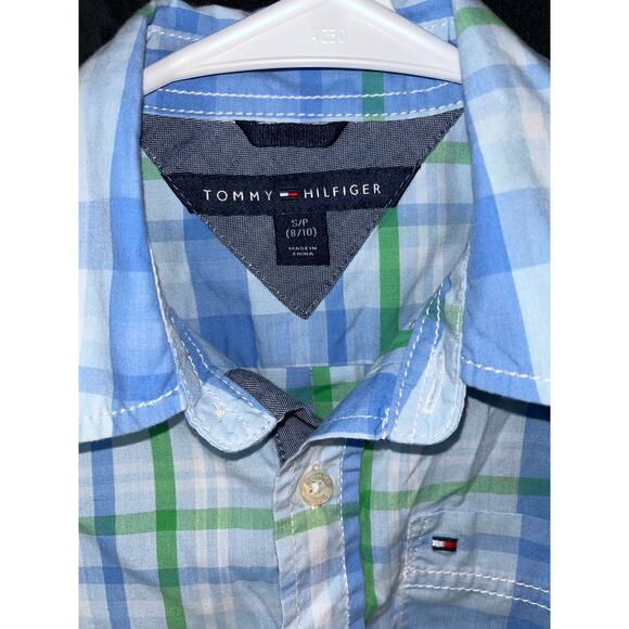 Boys Short Sleeve Tommy Hilfiger Blue Plaid Button Down Shirt 8 - Picture 2 of 5